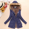 Detailed view of women's blue hooded parka with faux fur trim and plush lining - S / Tops / Navy Blue