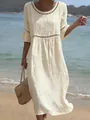 Elegante vestido largo de lino crema con detalles calados y mangas con volantes. - S / Vestidos / Blanco Roto
