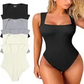 Women's ribbed sleeveless U-neck bodysuit shown in multiple neutral colors on a model - S / Tops / Black