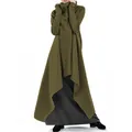Detail view of women's oversized olive green asymmetrical turtleneck sweatshirt maxi dress - S / Dresses / Army Green