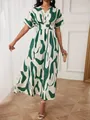 Elegant green abstract print maxi dress with v-neck and cinched waist design for women - L / Dresses / Green