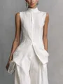 Detailed view of elegant white linen sleeveless high-neck top and matching trouser set. - XS / Top And Bottom / White