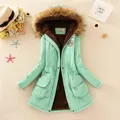 Mint green mid-length winter parka featuring a large brown faux fur hood and warm fleece lining - Bean Green