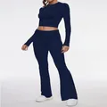 Elegant dark blue two-piece set featuring long sleeve crop top and flared yoga pants - XS / Top And Bottom / Navy Blue