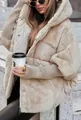 Detail of women's beige puffer jacket with faux fur splicing and ribbed sleeves. - S / Tops / Apricot