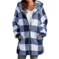 Blue and white plaid plush hooded jacket with zipper and pockets detail view - S / Tops / Blue Plaid