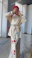 Full body view of elegant floral print skirt and shirt set with modest hijab styling - S / Top And Bottom / Rose Print