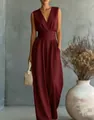 Elegant burgundy V-neck sleeveless jumpsuit with high-waisted pleated design and wide legs - 3XL / Sleeveless Set (26105#) / Burgundy