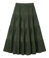 Primer plano de una falda evasé plisada a capas en color verde oscuro y textura fina - Verde Oliva
