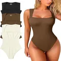 Women's U-neck sleeveless ribbed bodysuit shown in various colors and fit on model - S / Tops / Coffee