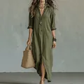 Bohemian oversized olive green long shirt dress with button collar and straw bag styling. - 1XL / Dresses / Army Green