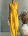 Elegant bright yellow sleeveless V-neck jumpsuit featuring a stylish cinched waist - 3XL / Sleeveless Set / Yellow
