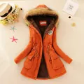 Vibrant mid-length orange winter parka featuring cozy fleece lining and fur hood. - Orange