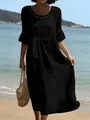 Vestido midi negro elegante con cuello redondo y encaje calado para vacaciones de verano - Negro