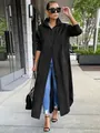 Chic plus size black long-sleeve maxi shirt dress for a casual street style look. - XL / Dresses / Black