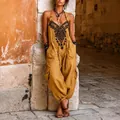 Bohemian mustard yellow V-neck sleeveless jumpsuit with black ethnic chest embroidery - S / Set / Yellow