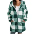 Front view of green and white plaid hooded fleece jacket for women with zipper pockets - S / Tops / Light Green Gingham