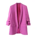 Front view of a magenta women's blazer with pleated 3/4 sleeves and open front design - S / Tops / Purple