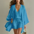 Summer casual blue 3-piece linen set with long cardigan, tank top and drawstring shorts - Light Blue