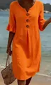 Detail of an orange V-neck cotton-linen dress featuring ruffled sleeves and buttons - 3XL / Dresses / Orange