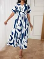 Elegant white and navy blue abstract print maxi dress with V-neck and belted waist. - Blue