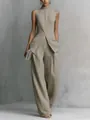 Sophisticated linen sleeveless vest and wide-leg trousers two-piece set in earthy taupe - XS / Top And Bottom / Gray