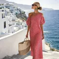 Elegant red and white striped one-shoulder dress for seaside vacation styling - S / Dresses / Red