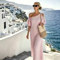 Elegant pink and white striped off-the-shoulder maxi dress for summer beach vacation - Pink
