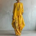 Vista completa del set da donna a due pezzi con top giallo e pantaloni larghi stampati - Taglia S / Top e Pantaloni / Giallo
