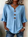 Detail view of blue V-neck linen blouse featuring large buttons and ruffle sleeves - 3XL / Top (26115#) / Sky Blue