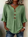 Close-up detail of green V-neck cotton linen top with large buttons and ruffle sleeves - 3XL / Top (26115#) / Green