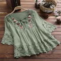 Boho sage green cotton linen blouse with floral embroidery and lace trim details - S / Tops / Green