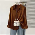Élégant chemisier en satin grande taille bronze pour le bureau d'affaires - 1XL / Hauts / Café