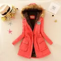 Mid-length hooded winter parka for women with faux fur trim and lamb velvet lining - M / Tops / Watermelon red