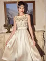 Champagne satin evening dress with sequined bodice and elegant A-line silhouette - S / Dresses / Champagne