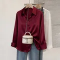 Élégante chemise en satin bordeaux à manches longues pour femme, haut chic de bureau - 1XL / Hauts / Bordeaux