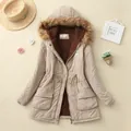 Mid-length khaki winter parka for women featuring sherpa lining and faux fur hood - M / Tops / Khaki