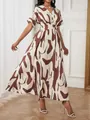 Elegant brown and cream abstract print wrap dress with cinched waist and short sleeves - S / Dresses / Coffee