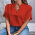 Elegant red V-neck short sleeve blouse for women with a comfortable loose summer fit - Red