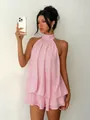Elegant baby pink halter neck chiffon ruffled tiered dress for resort and summer wear - Pink