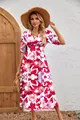 Robe midi à imprimé floral élégante avec col en V et manches courtes, style d'été chic - S / Robes / Rouge