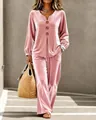 Elegant women's pink velvet two-piece lounge set with V-neck button top and wide-leg trousers - S / Top And Bottom / Pink