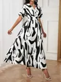 Elegant black and white abstract print maxi dress with V-neck and cinched waist - S / Dresses / Black