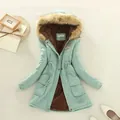 Women's light green winter parka with faux fur hood and warm brown fleece lining - Dark Pea Green