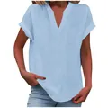Detailed view of a light blue V-neck short sleeve women's linen-textured shirt - 3XL / Tops / Sky Blue