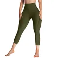 Detail view of olive green high waist cargo yoga leggings with side pocket for women. - Army Green
