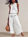 Élégant ensemble d'été blanc avec haut à volants sans manches et pantalon en lin - S / Haut Et Bas / Blanc