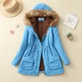 Light blue mid-length women's winter parka featuring faux fur hood and thick fleece lining - Lake Blue
