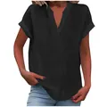 Front view of a black V-neck short sleeve blouse with a textured linen-like fabric finish. - 3XL / Tops / Black