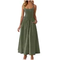 Macro detail view of olive green maxi dress featuring a smocked bodice and adjustable straps - S / Dresses / Army Green